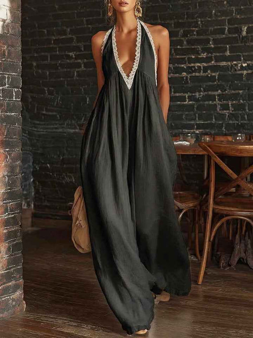 Casual And Comfortable Lace-trimmed Loose Linen Jumpsuit