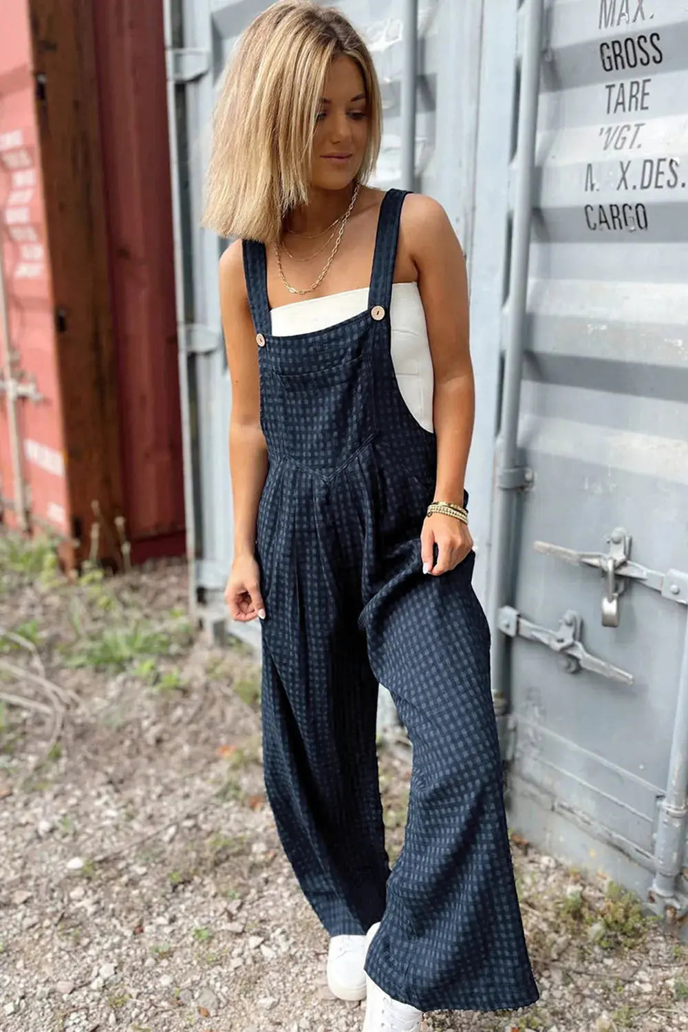 Plaid Wide Strap Wide Leg Overalls.