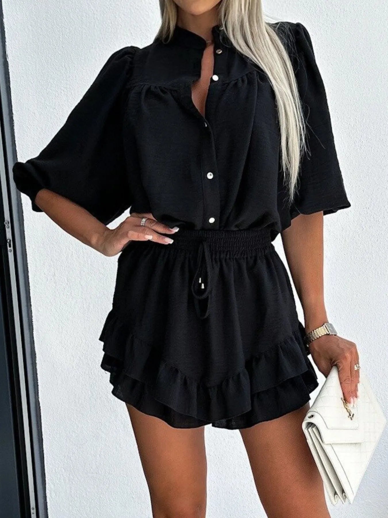 Button Up Top and Ruffled Skirt Set.