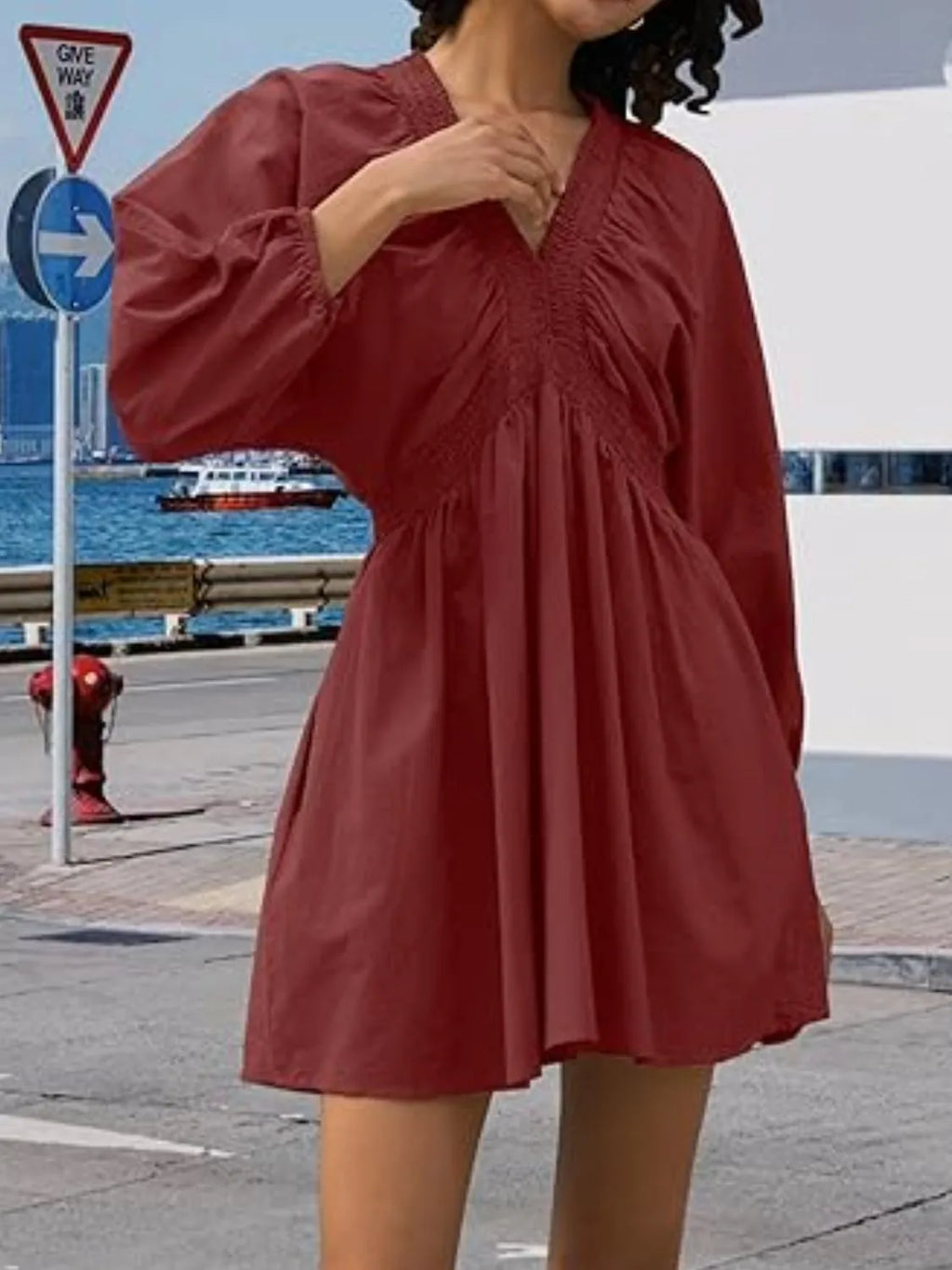 Textured V-Neck Mini Dress.