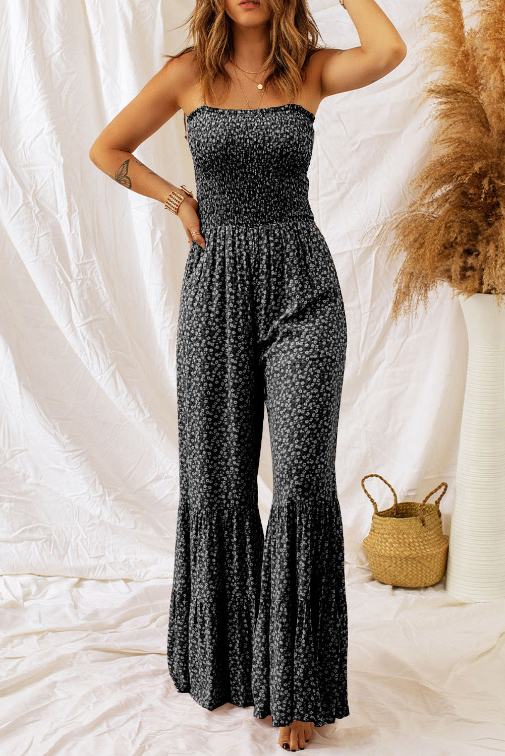 Black Thin Straps Smocked Bodice Wide Leg Floral Jumpsuit Dear-Lover Dropshipping