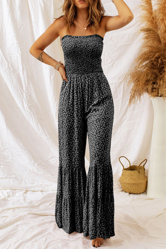 Black Thin Straps Smocked Bodice Wide Leg Floral Jumpsuit Dear-Lover Dropshipping