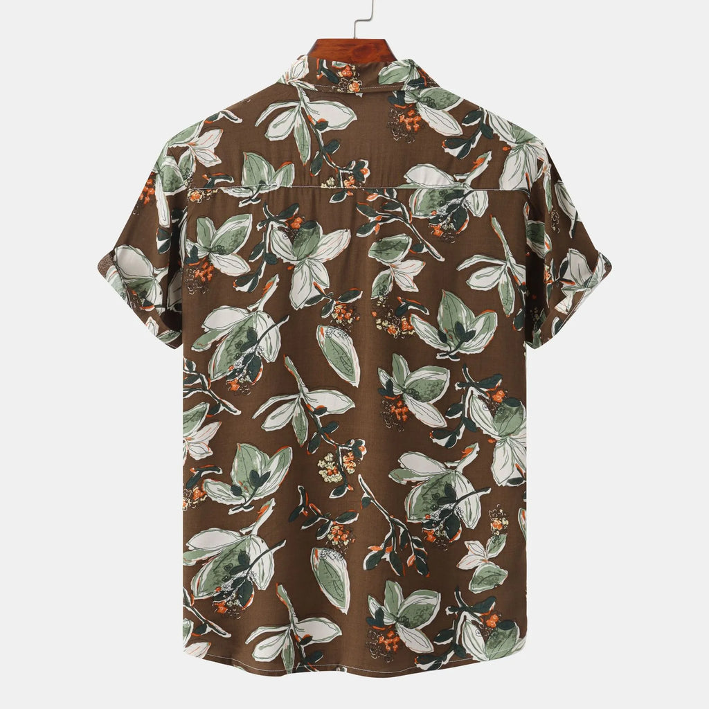 Men's Plus Size Floral Print Short Sleeve Button-Up Shirt.