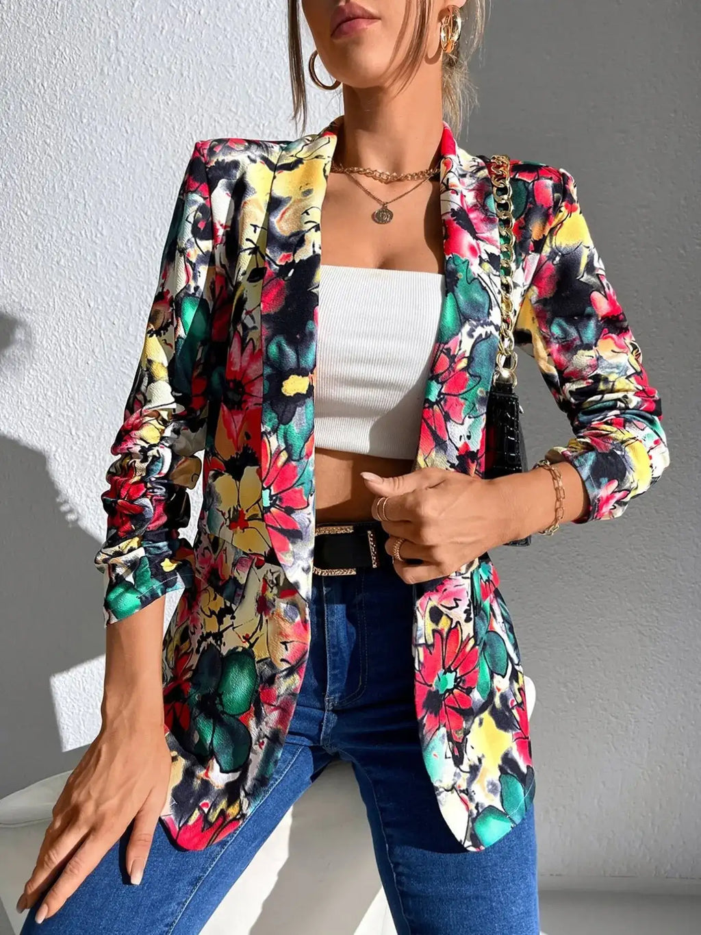 Vibrant Floral Print Open Front Blazer.