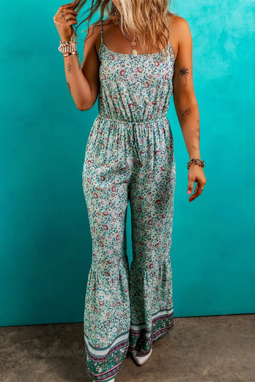 Bohemian Floral Ruffle Bottom Spaghetti Strap Jumpsuit.