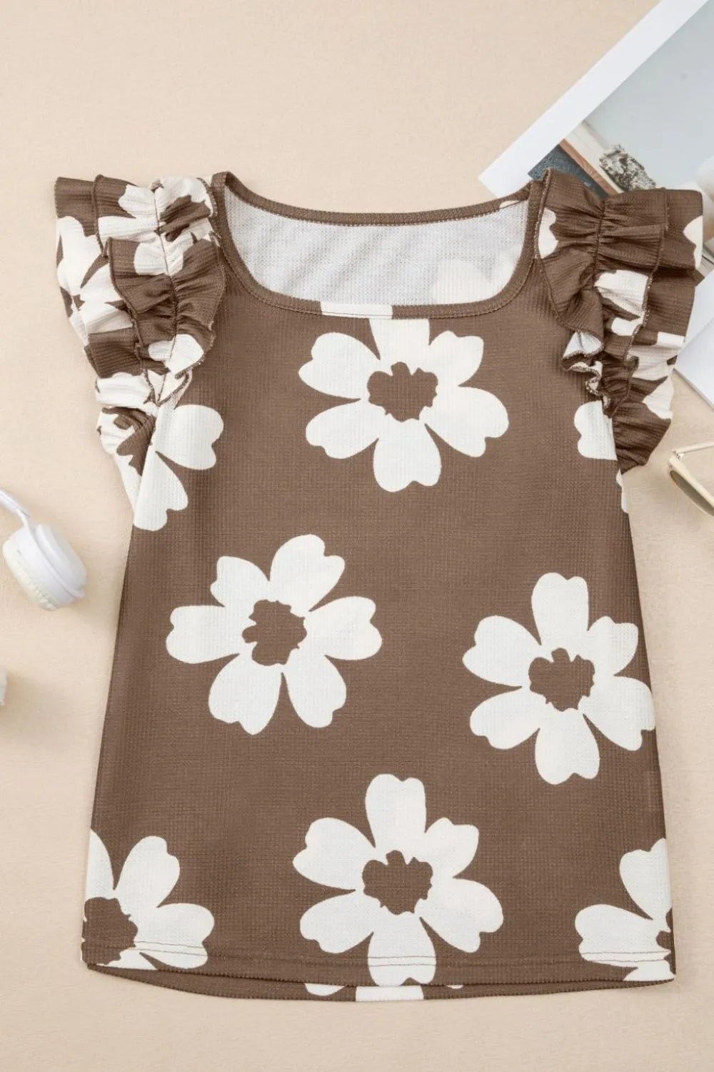 Floral Textured Ruffled Cap Sleeve Blouse.