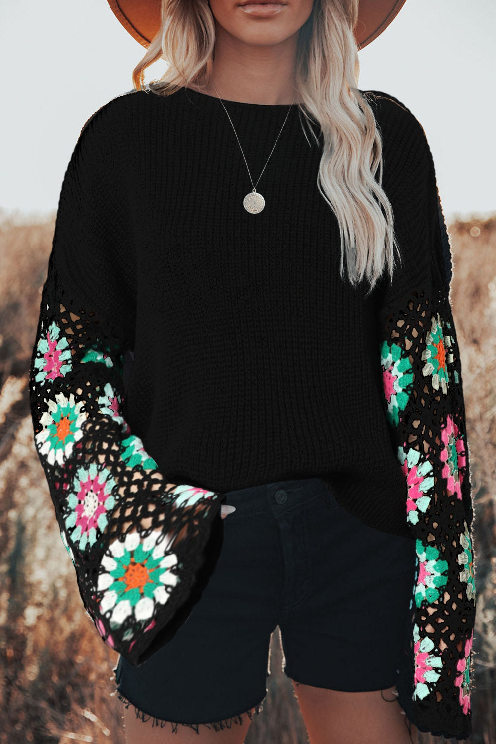 Black Floral Crochet Bell Sleeve Loose Sweater Dear-Lover Dropshipping