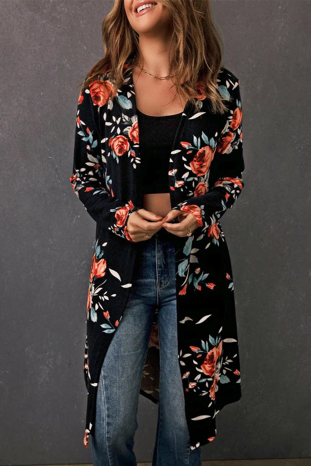 Printed Open Front Longline Cardigan.