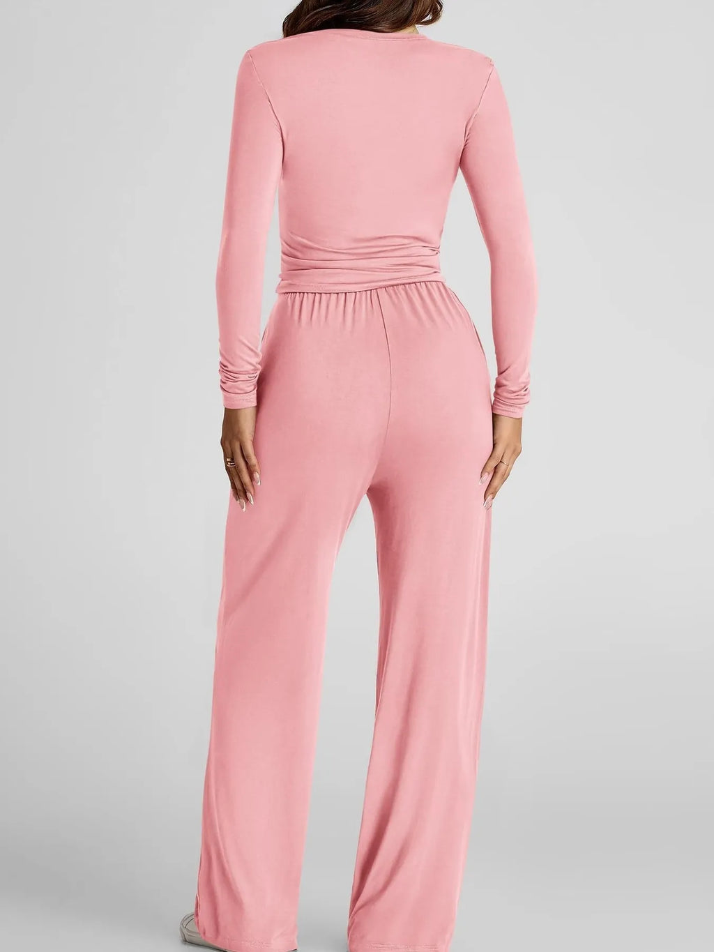 Round Neck Long Sleeve Top and Pants Set.