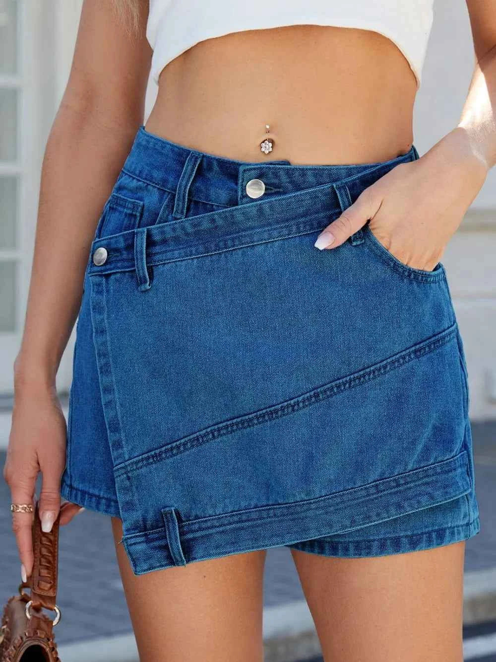 Asymmetrical Denim Skort with Pockets