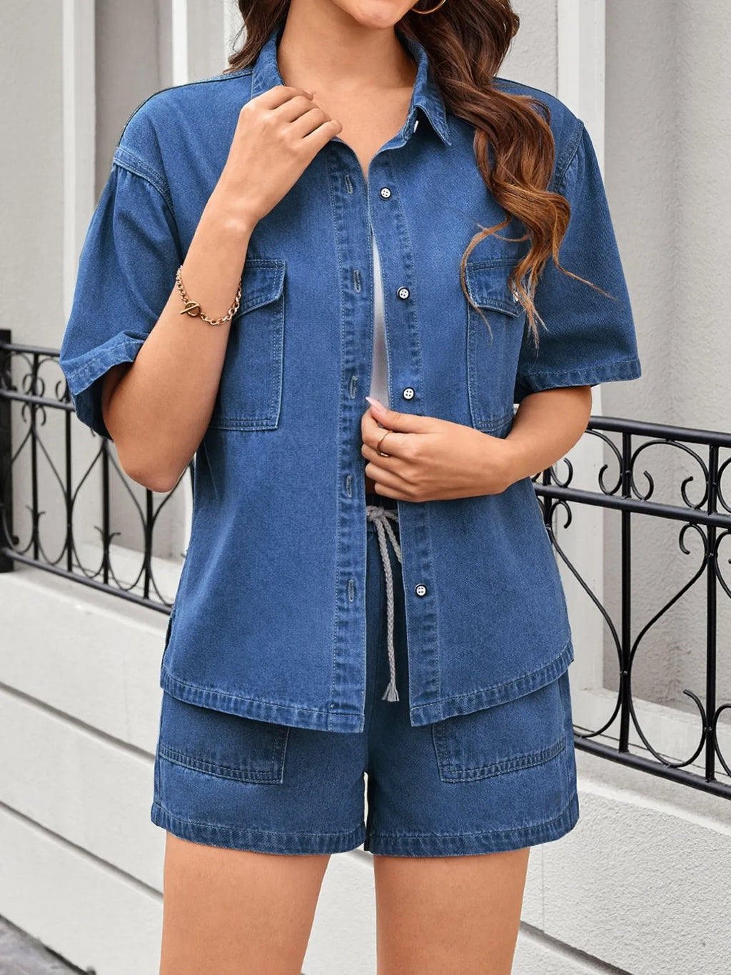 Casual Denim Shirt & Shorts Set.