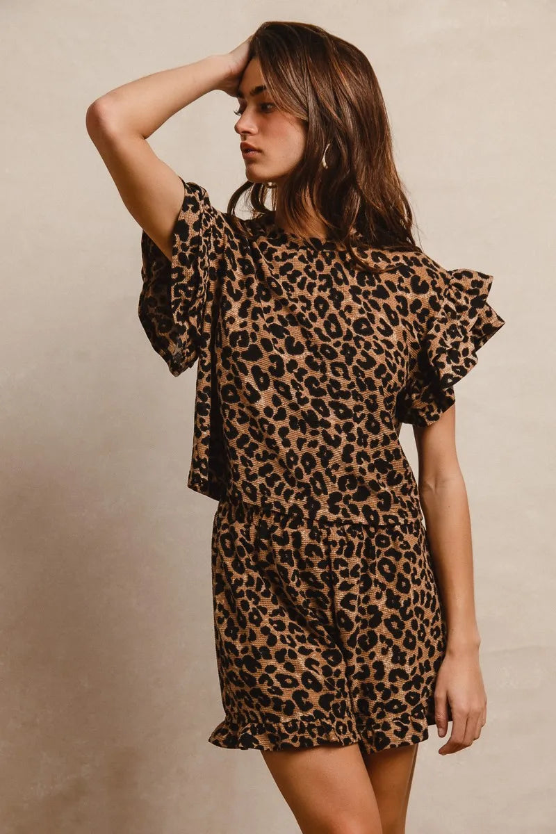 BiBi Leopard Print Waffle Texture Layered Ruffle Sleeve Top and Shorts Set.