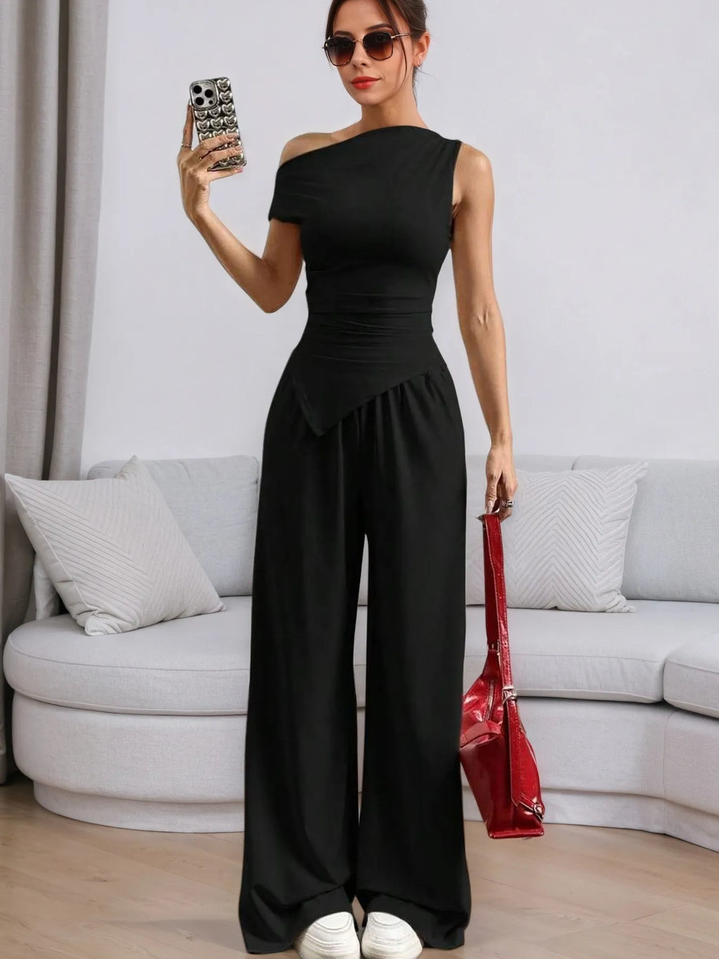 Single Shoulder Top and Pants Set.