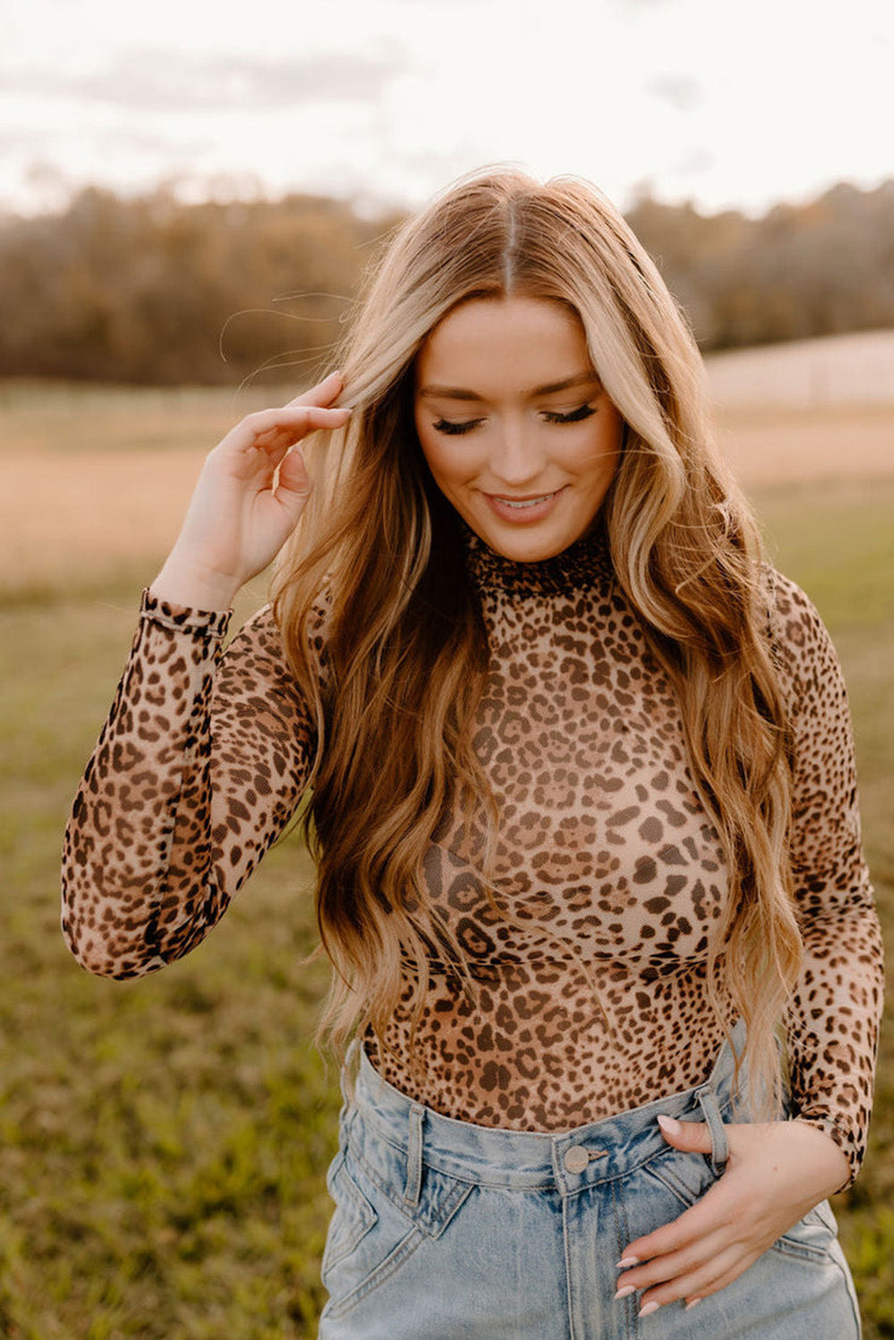 Brown Leopard Smocked Neck Mesh Long Sleeve Bodysuit Dear-Lover Dropshipping