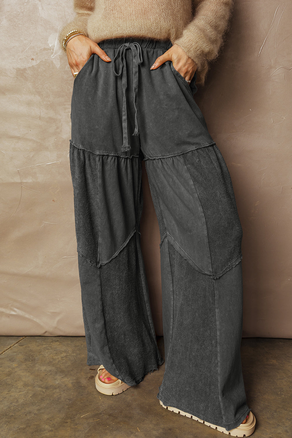 Black Mineral Wash Tiered Wide Leg Patchwork Drawstring Pants Dear-Lover Dropshipping