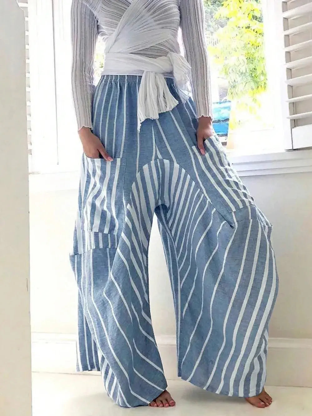 Striped Elastic Waist Wide Leg Pants.