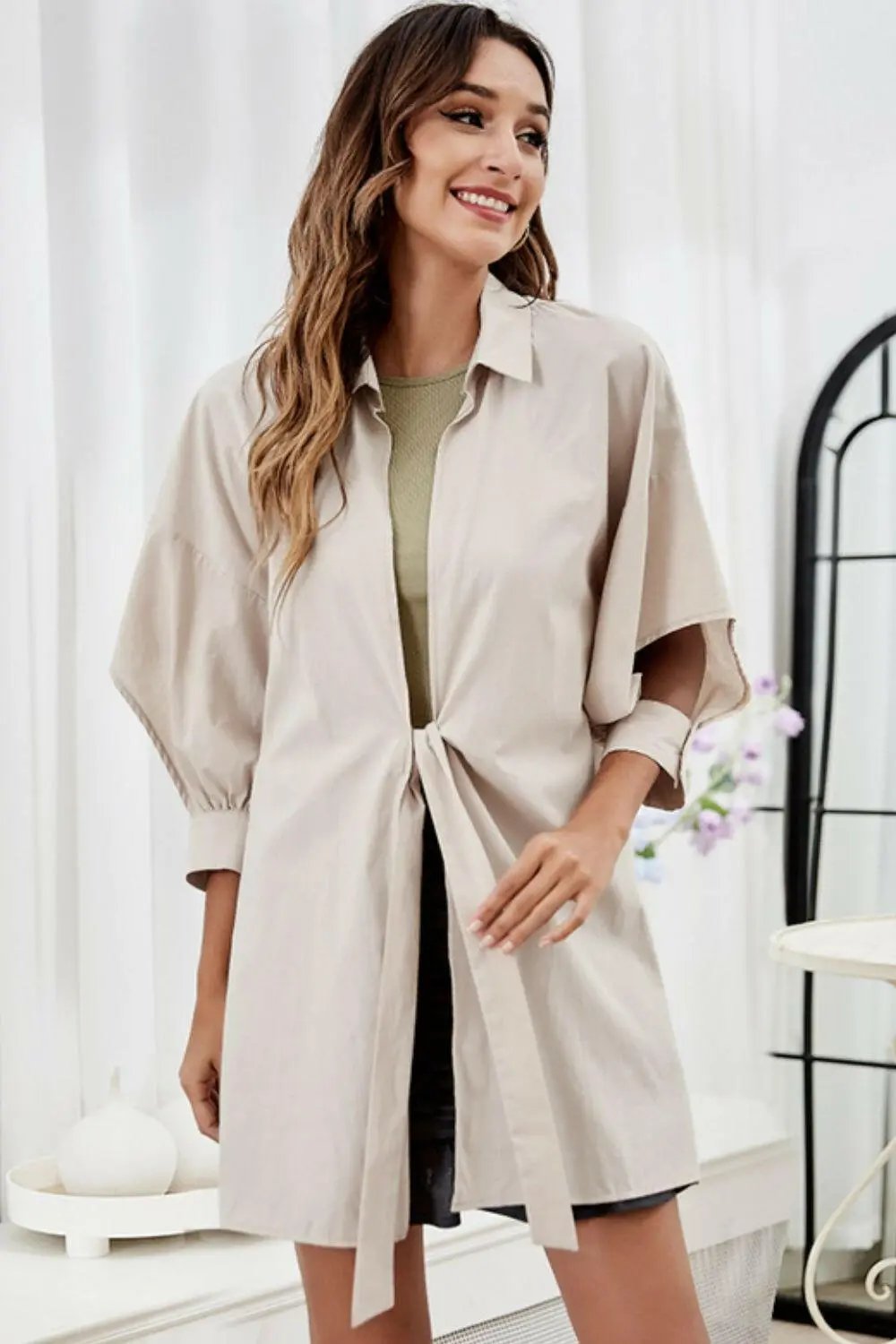 Tie Front Collared Neck Cutout Shacket.