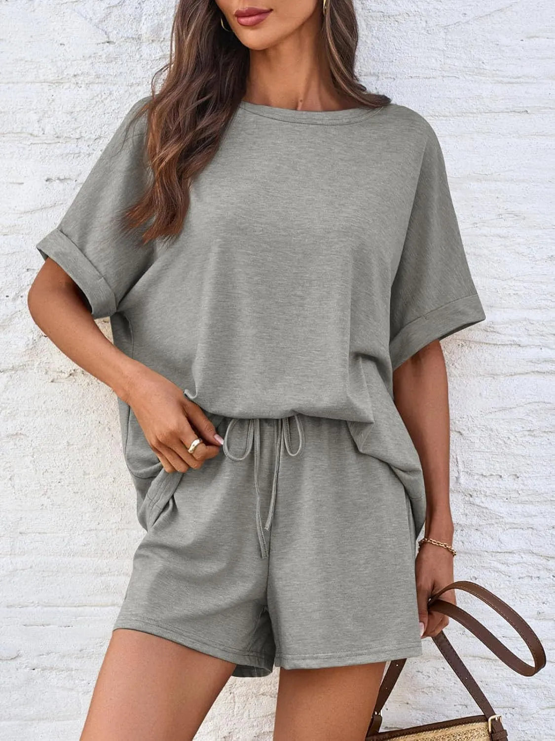 Round Neck Short Sleeve Top and Shorts Set.