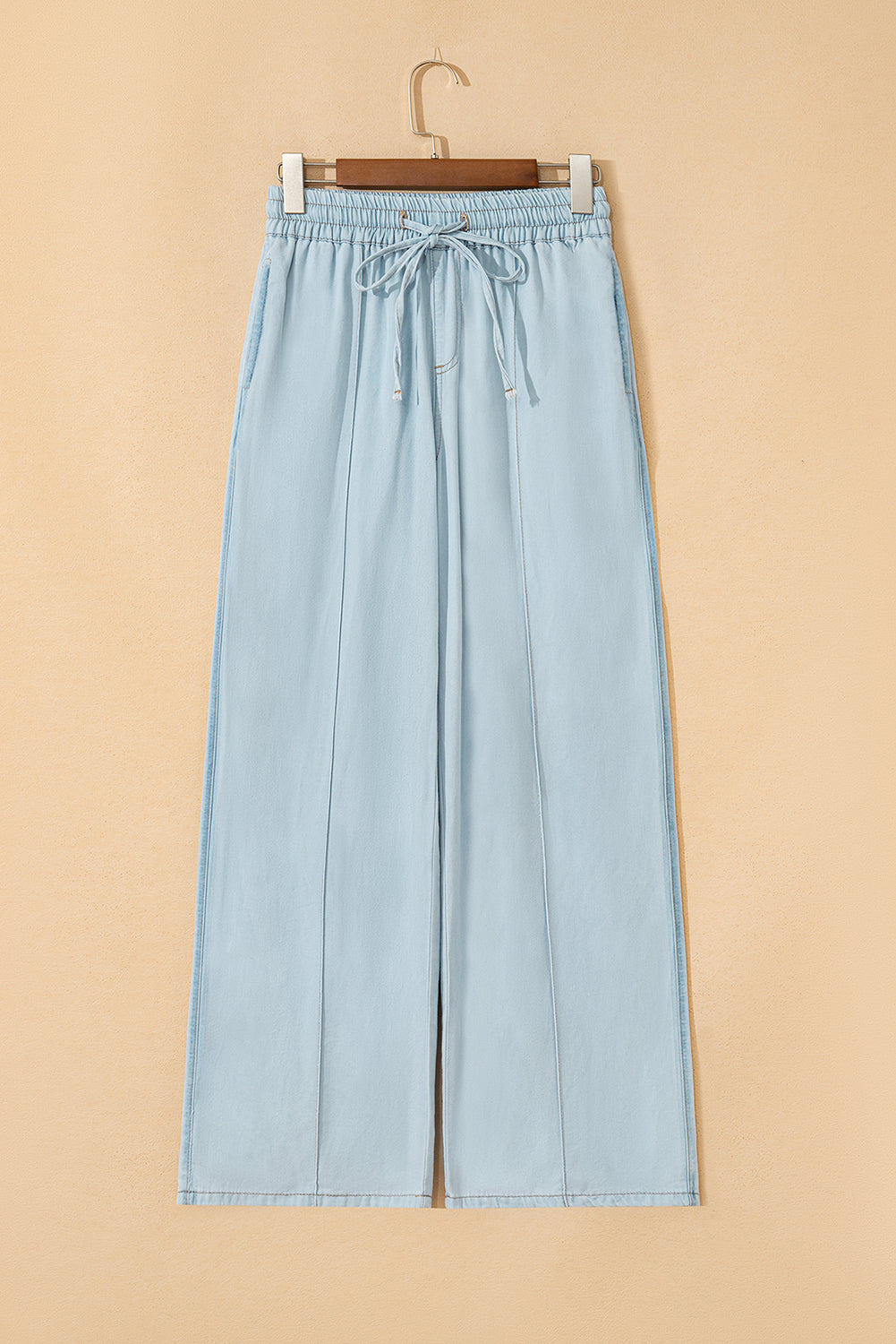 Beau Blue Light Wash Contrast Trim Center Seam Drawstring Elastic Waistband Wide Leg Denim Pants Dear-Lover Dropshipping