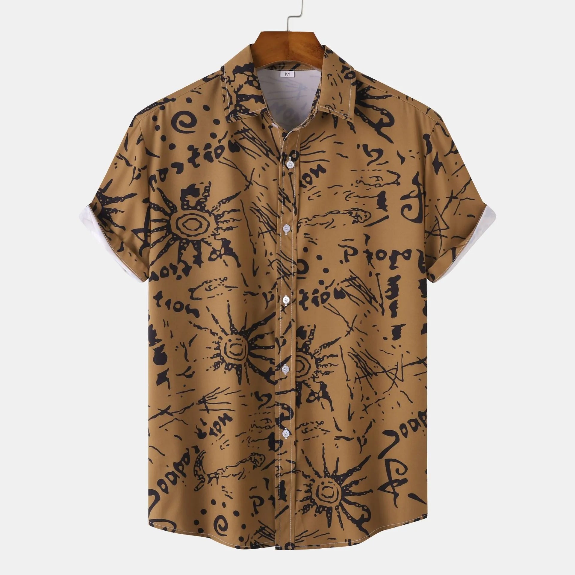 Men's Plus Size Vintage Sun Print Short Sleeve Button-Up Shirt.