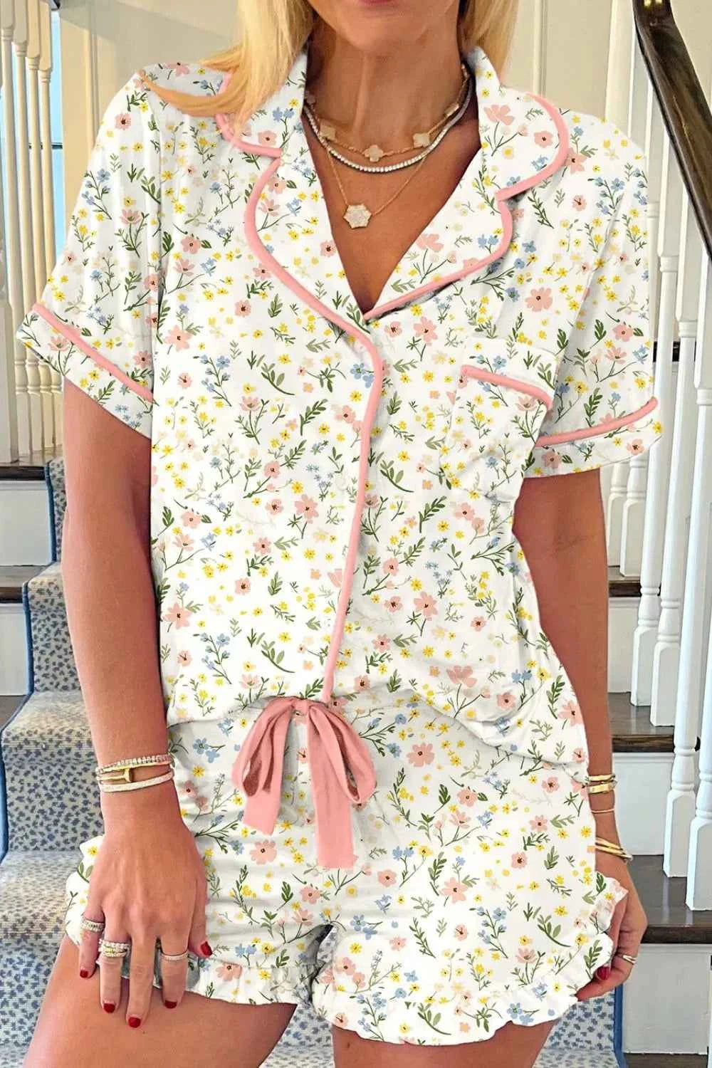 Button Up Short Sleeve Top and Shorts Lounge Set