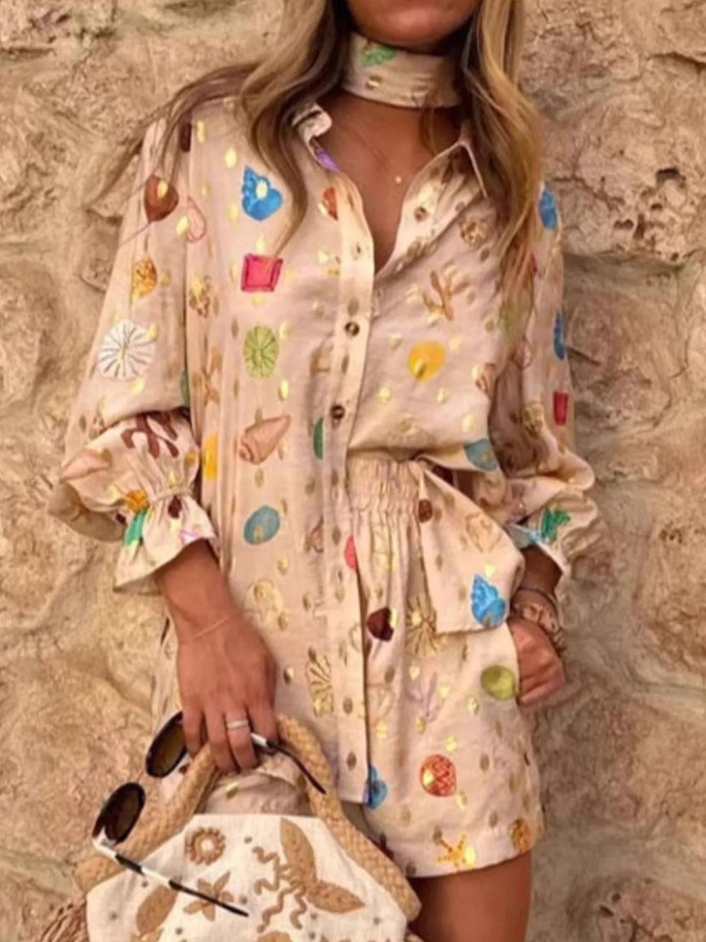 Colorful Print Shirt and Shorts Matching Set.