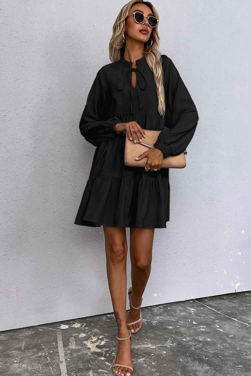 Black Tie Split Neck Smocked Detail Long Puff Sleeve Ruffle Hem Loose Dress
