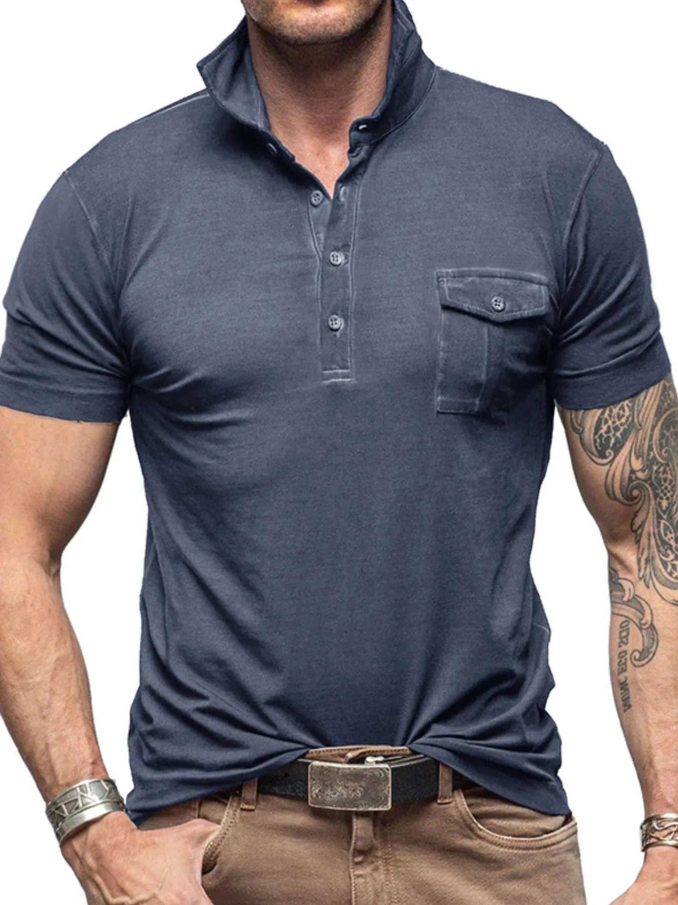 Men's Classic Pocket Polo Shirt with Stand Collar.