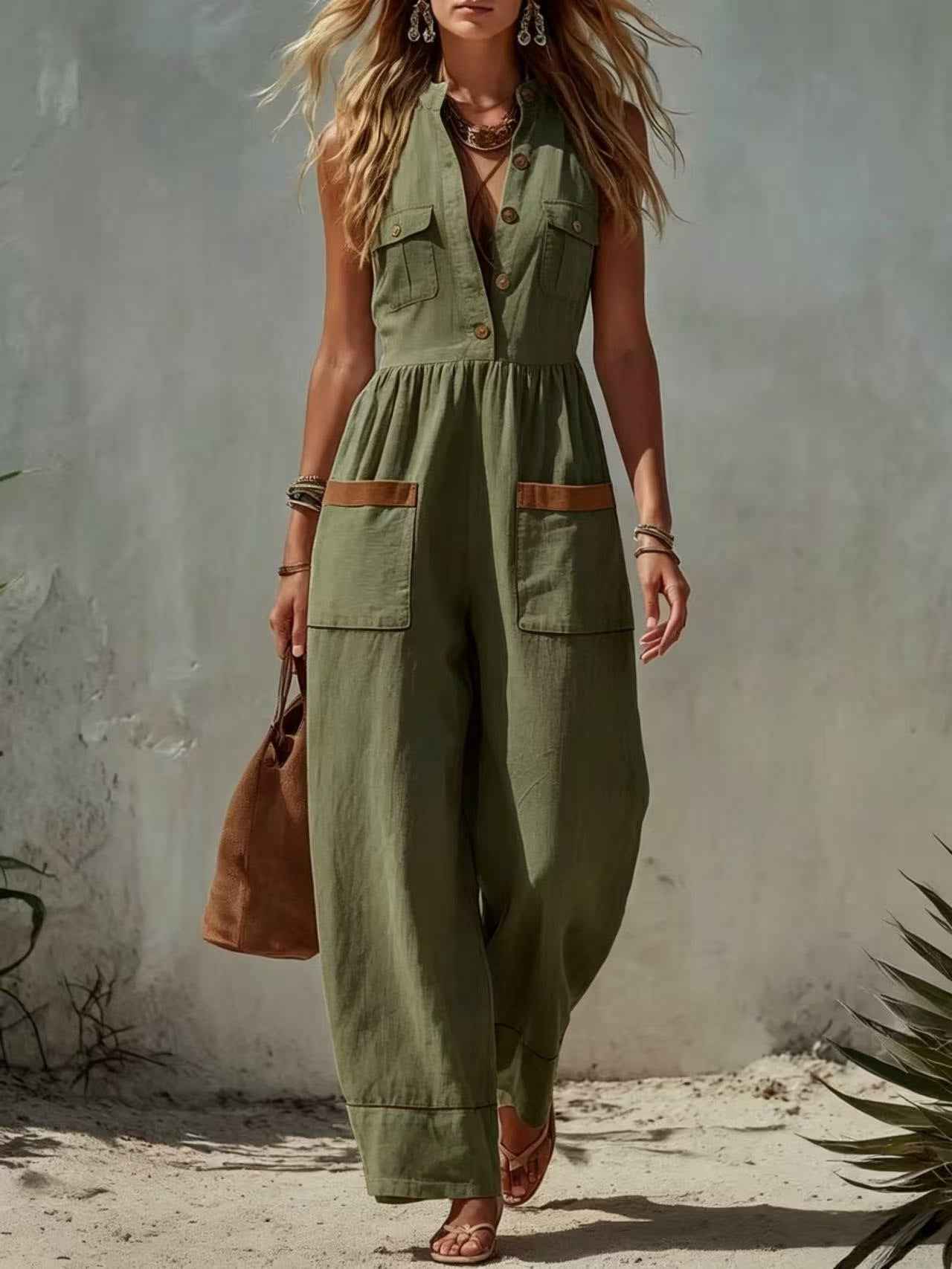 Womens Sleeveless Casual Loose Cotton-Linen Wide-Leg Jumpsuit