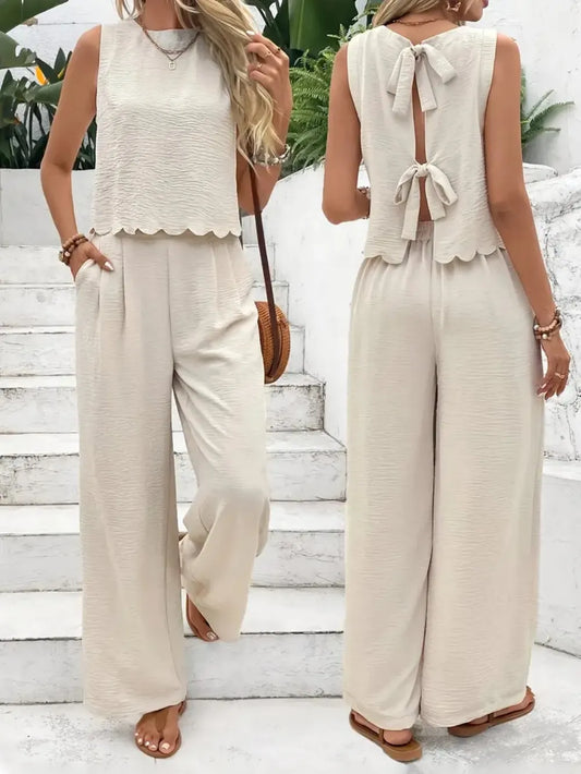 Tie Back Round Neck Top and Pants Set WOMEN - CHIC TB