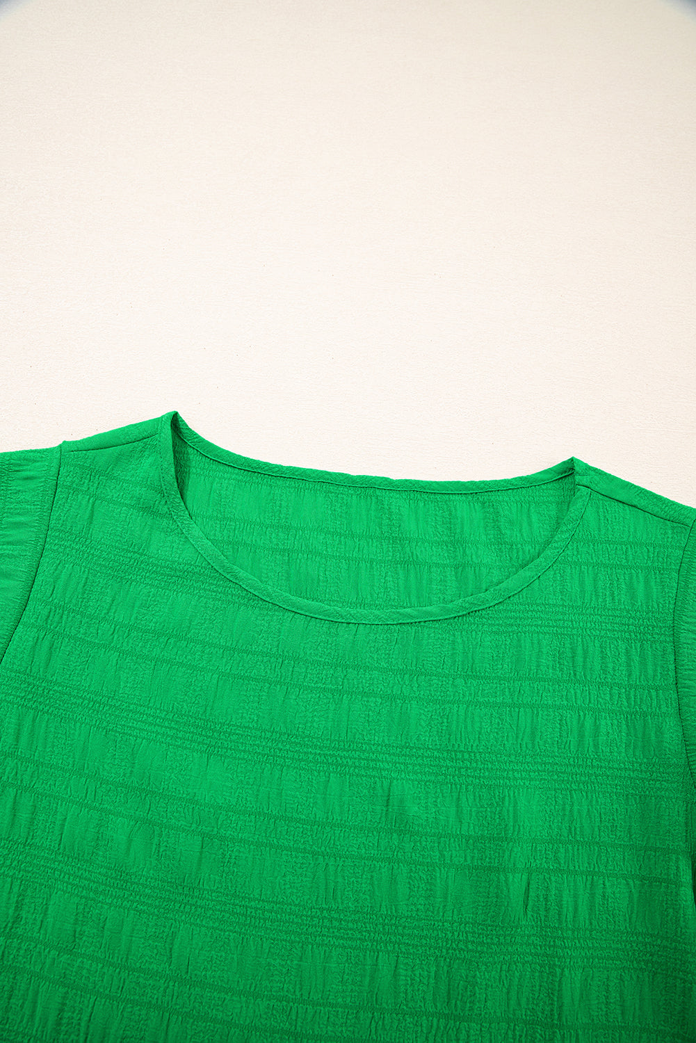 Dark Green Textured Ruffled Sleeve Round Neck Top Dear-Lover Dropshipping