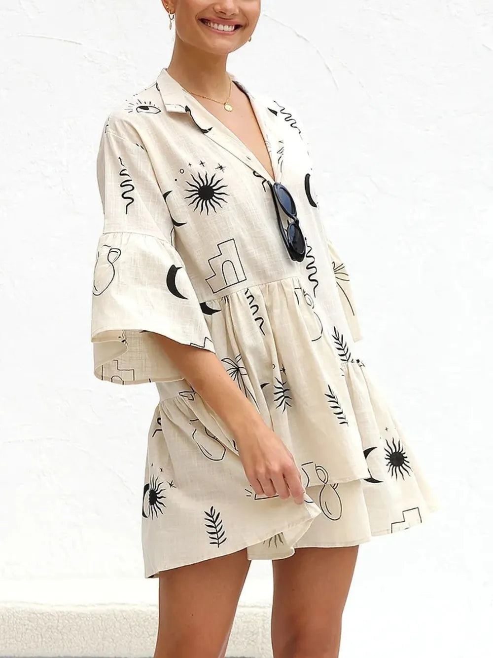 Printed Collared Neck Three-Quarter Sleeve Mini Dress.