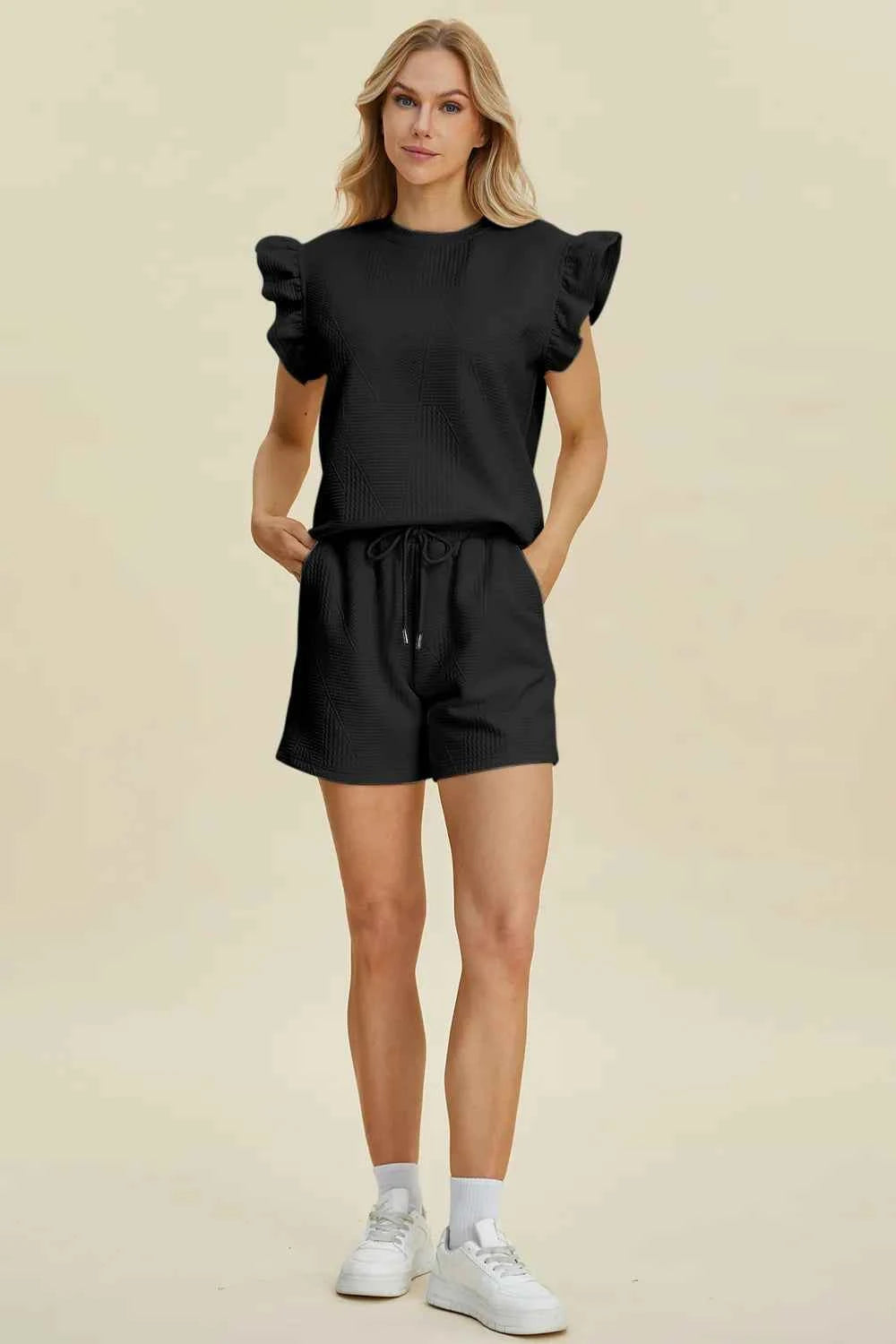 Round Neck Ruffle Sleeve Top and Shorts Set