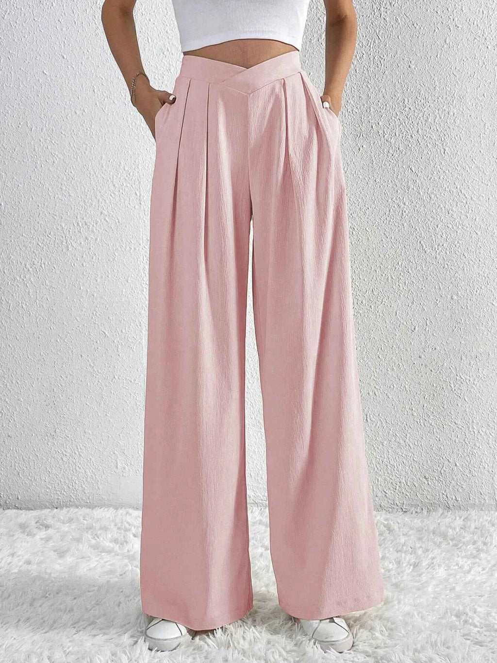 V-Waisted Ruched Front Wide Leg Pants.