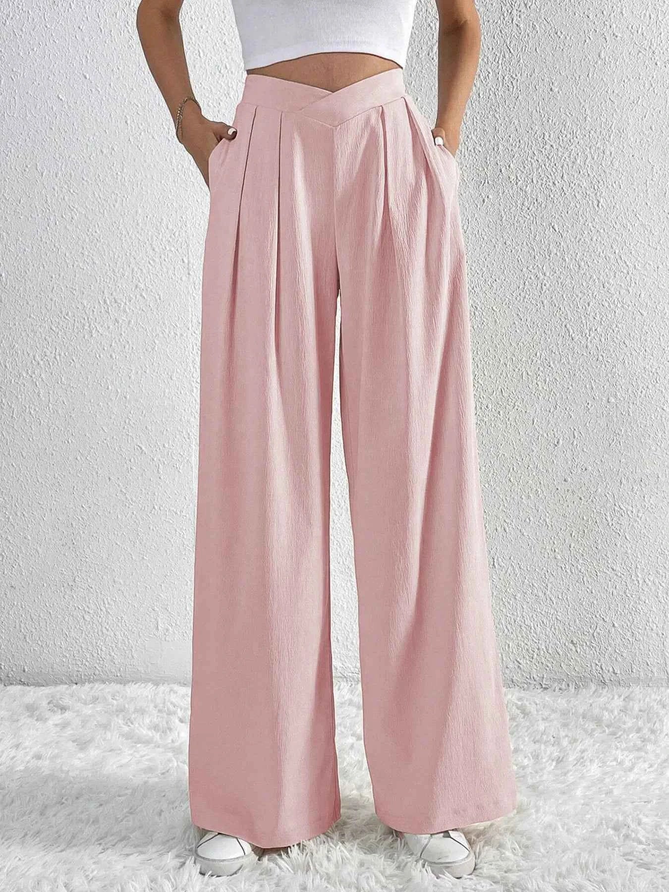V-Waisted Ruched Front Wide Leg Pants.
