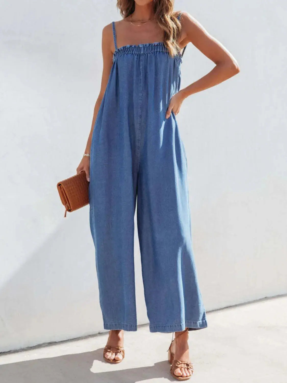 Spaghetti Strap Wide Leg Denim Jumpsuit.