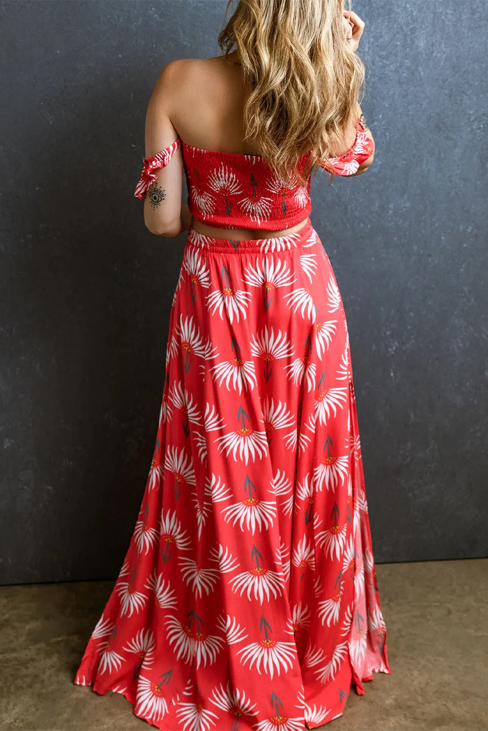 WOMEN Off-Shoulder Top and Slit Skirt Set - CHIC TB