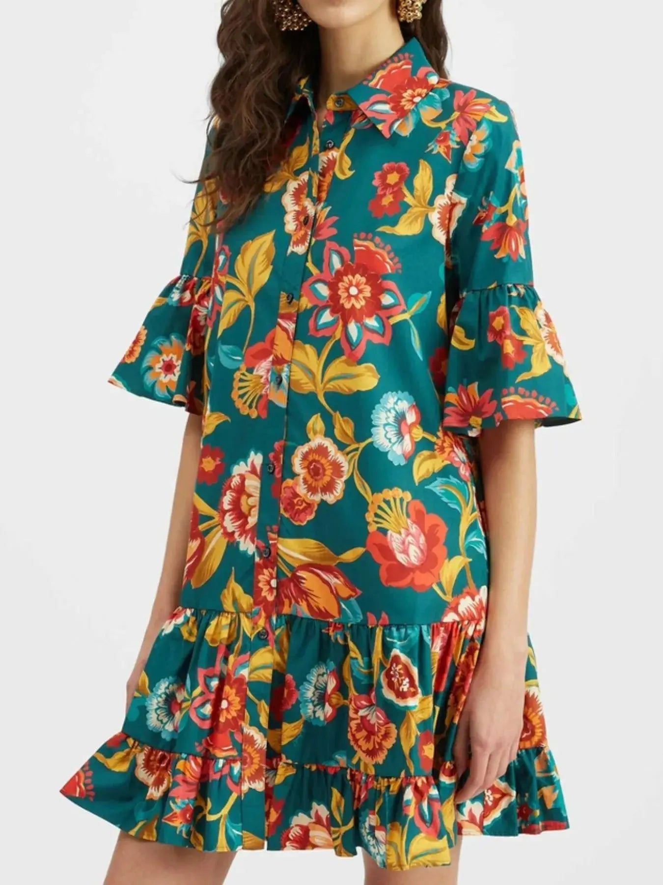 Floral Print Ruffle Sleeve Mini Dress.