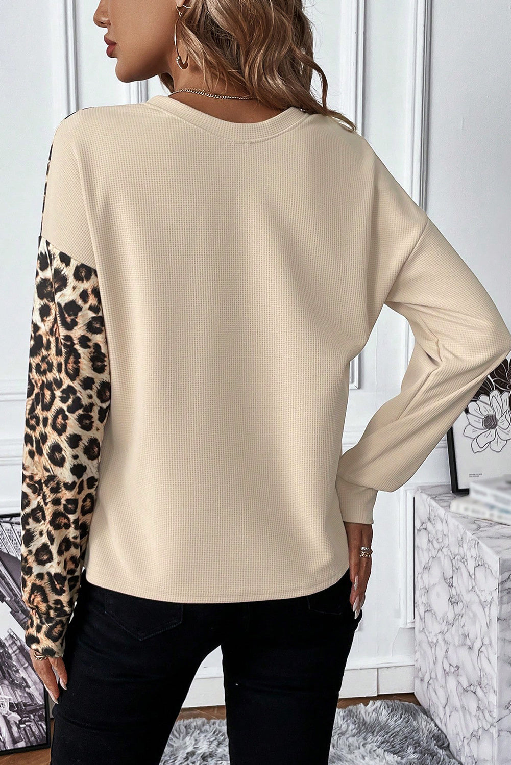Pale Khaki Leopard Colorblock Waffle Knit Top Dear-Lover Dropshipping