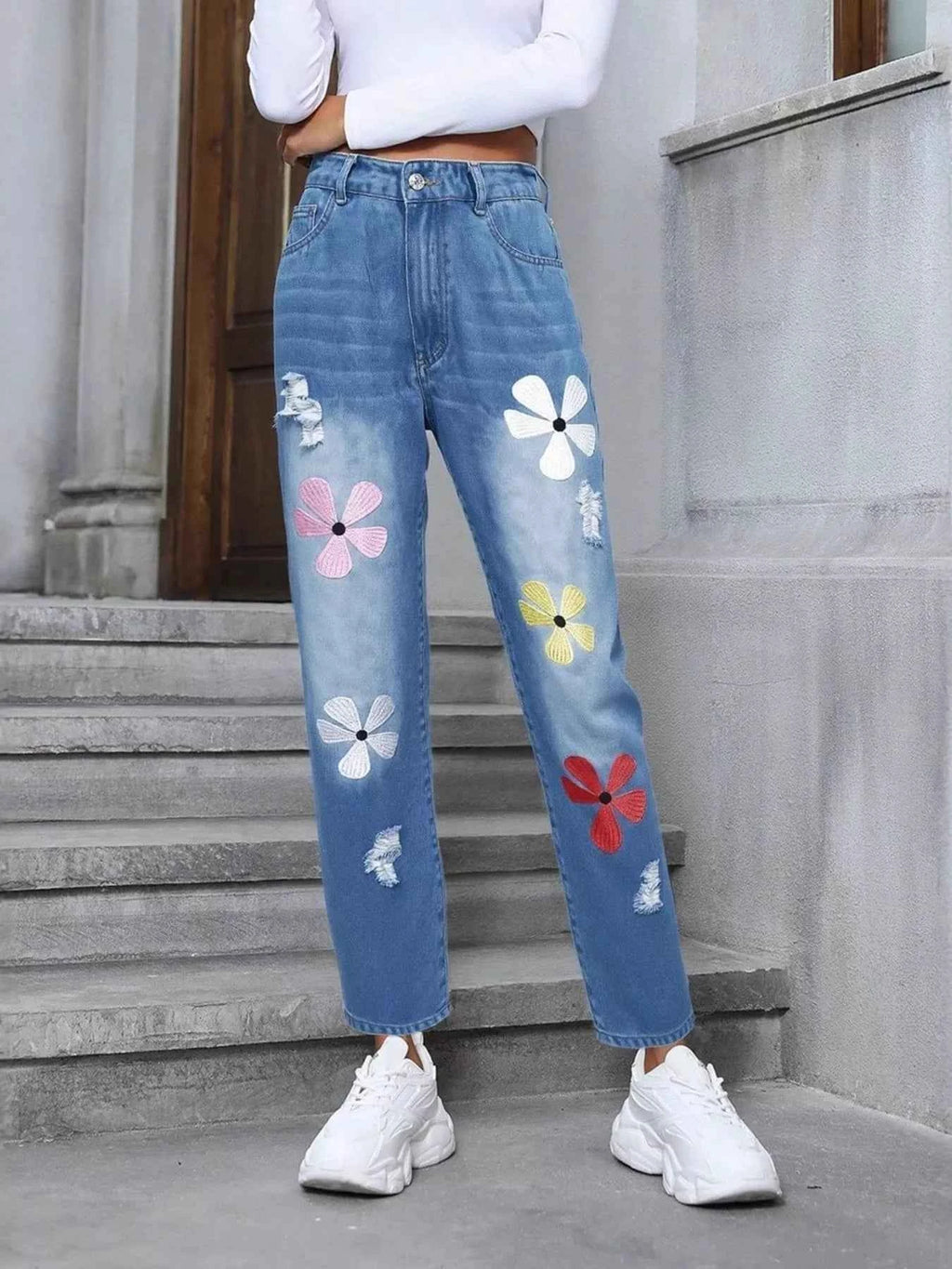 Floral Embroidered High Waist Distressed Jeans