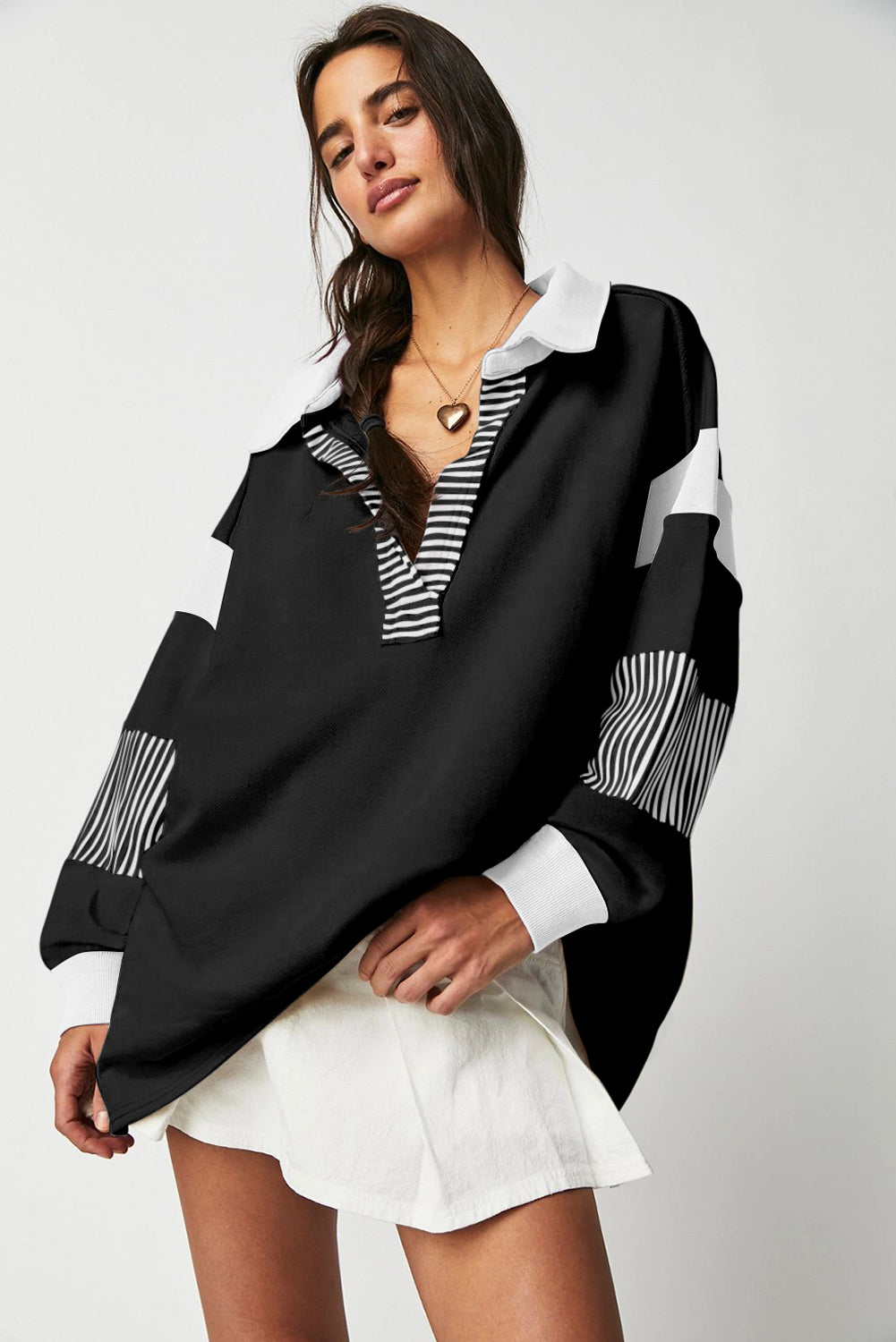 Black Striped Colorblock Patchwork Collar Sweatshirt Dear-Lover Dropshipping