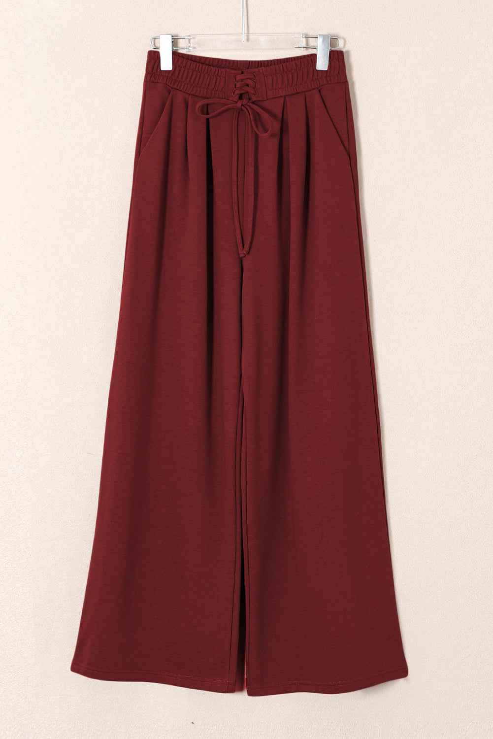 Burgundy Tied Elastic High Waist Pleated Detail Solid Sweatpants