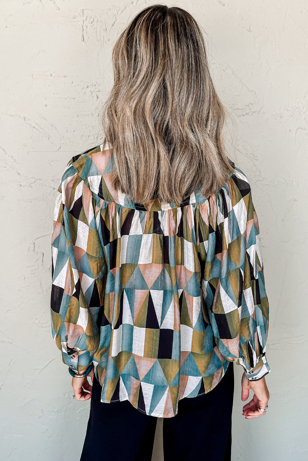 Green Geometric Print Buttoned Balloon Sleeve Loose Fit Shirt Dear-Lover Dropshipping