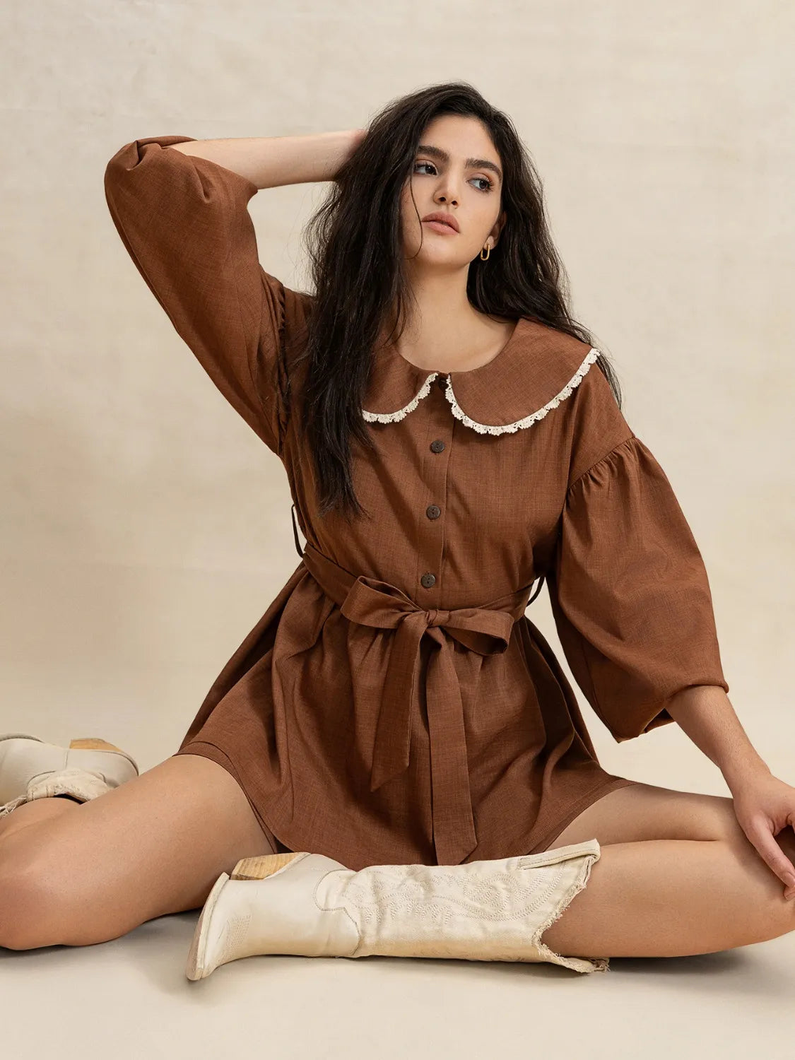 Peter Pan Collar Balloon Sleeve Top and Shorts Set.