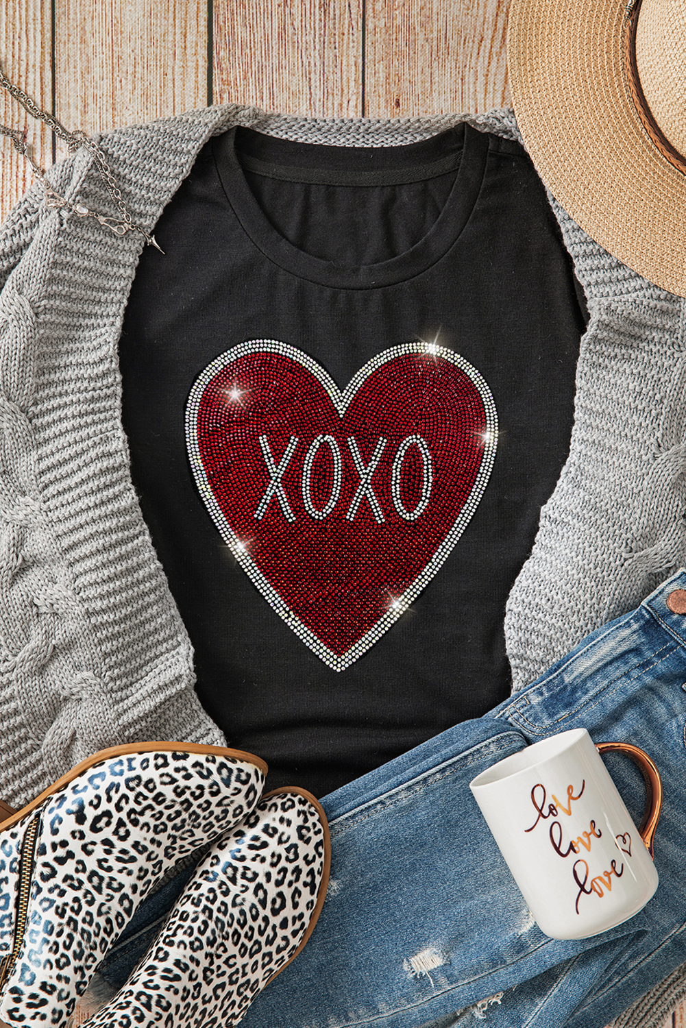 Black Rhinestone XOXO Heart Graphic Crewneck Tee Dear-Lover Dropshipping