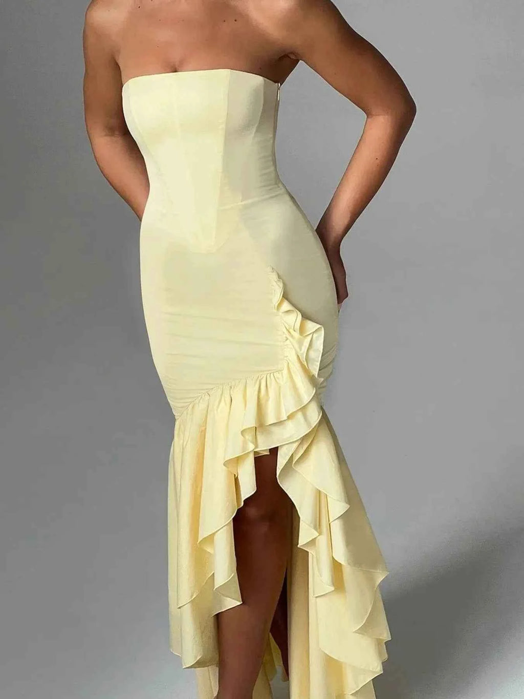 Strapless Ruffle High-Low Bodycon Dress.