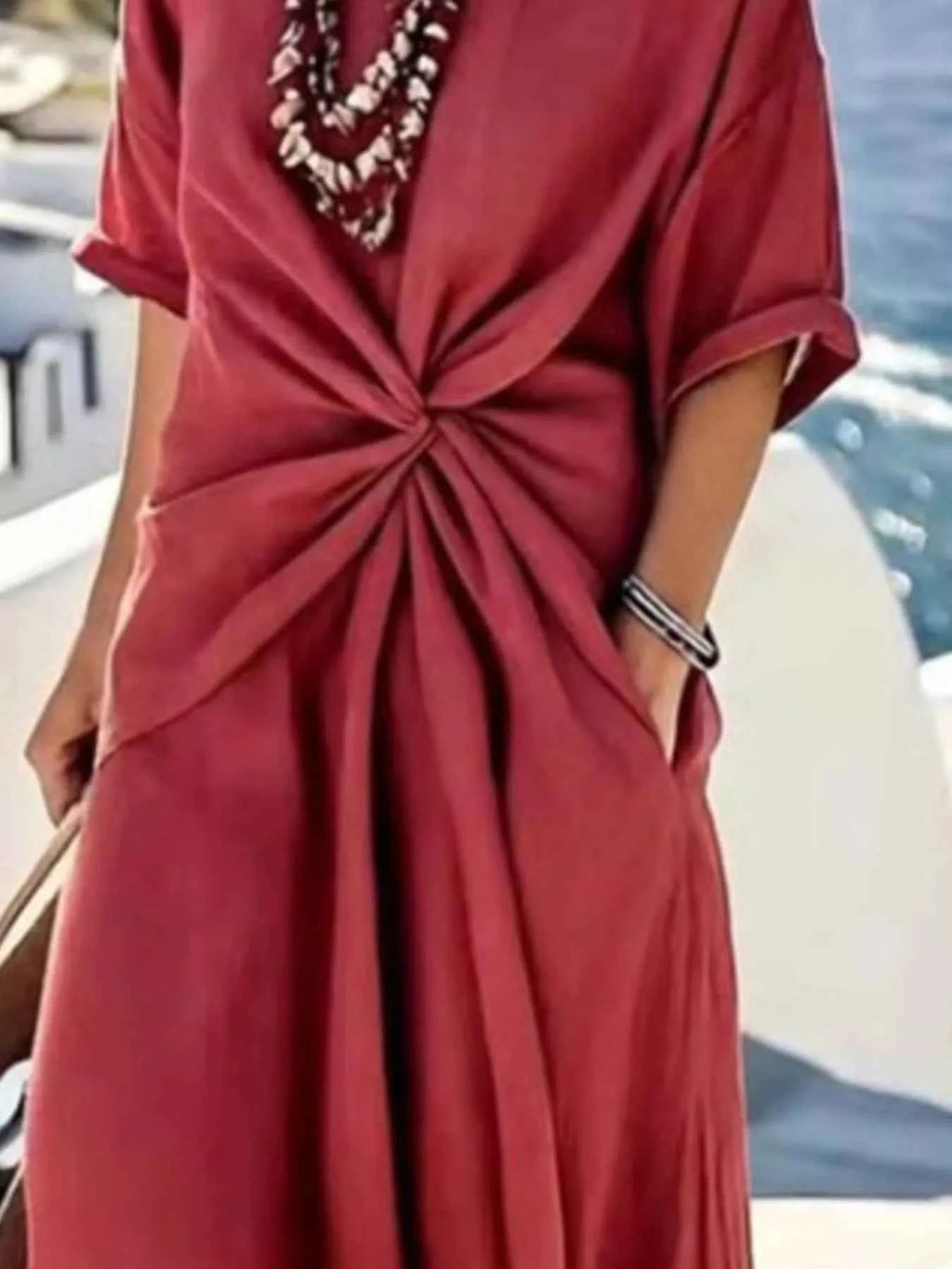Twist Front V-Neck Half Sleeve Dress.