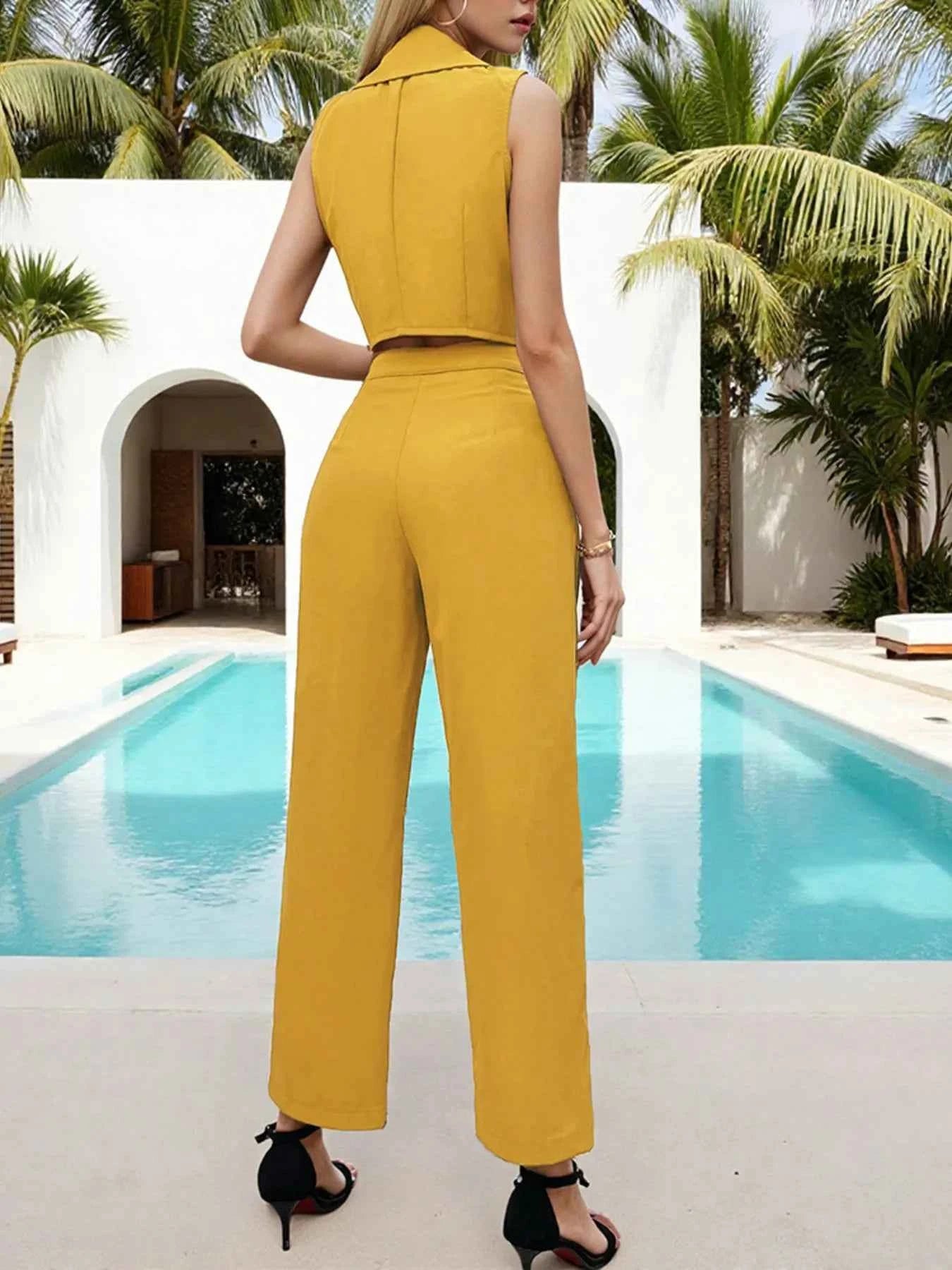 Sleeveless Blazer and Wide Leg Pants Two Piece Set.