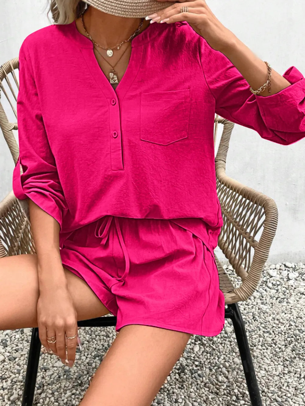 Notched Long Sleeve Top and Shorts Set - CHIC TB