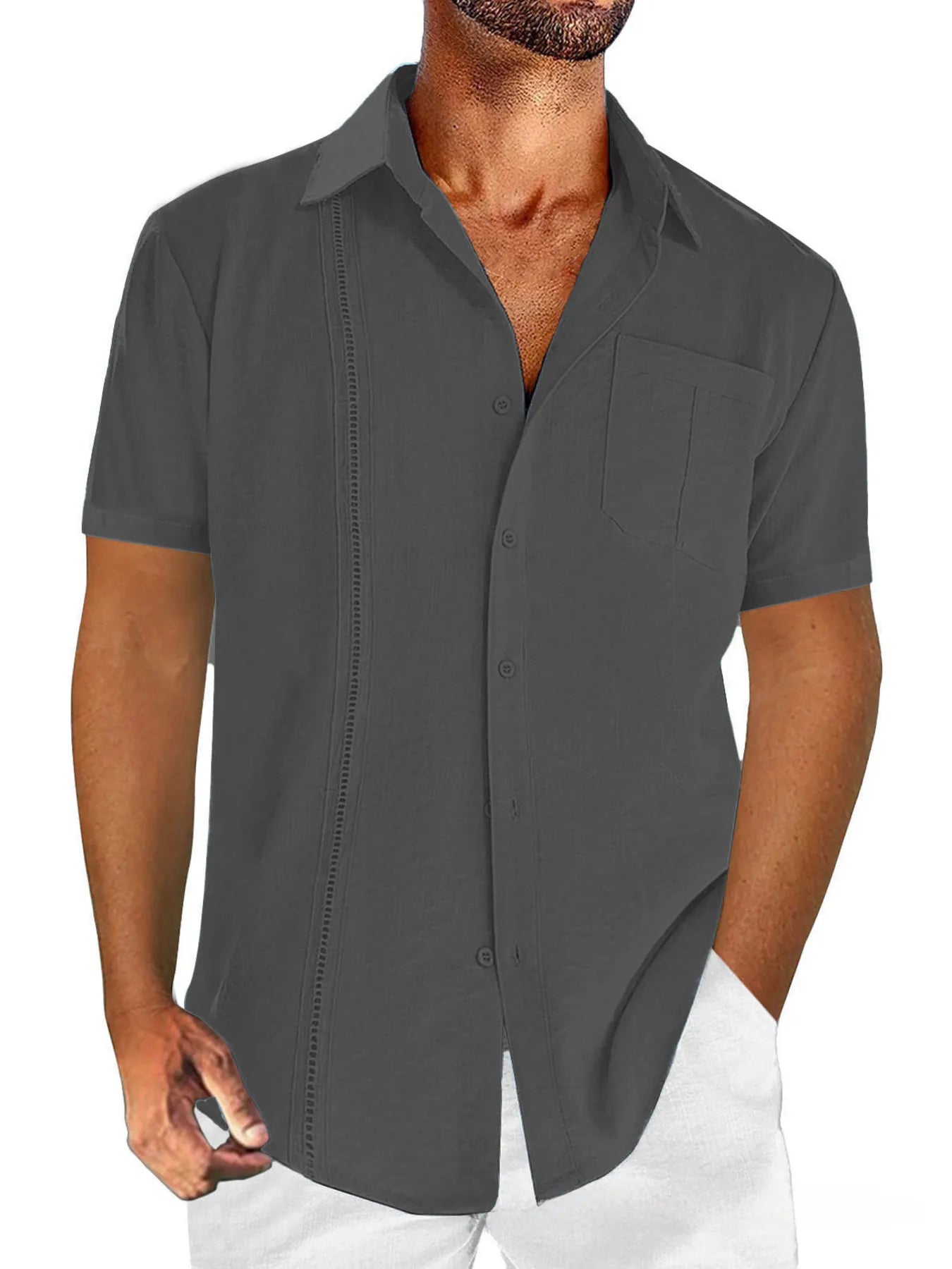 Men's Full Size Linen-Blend Short Sleeve Button-Down Shirt Plus Size.